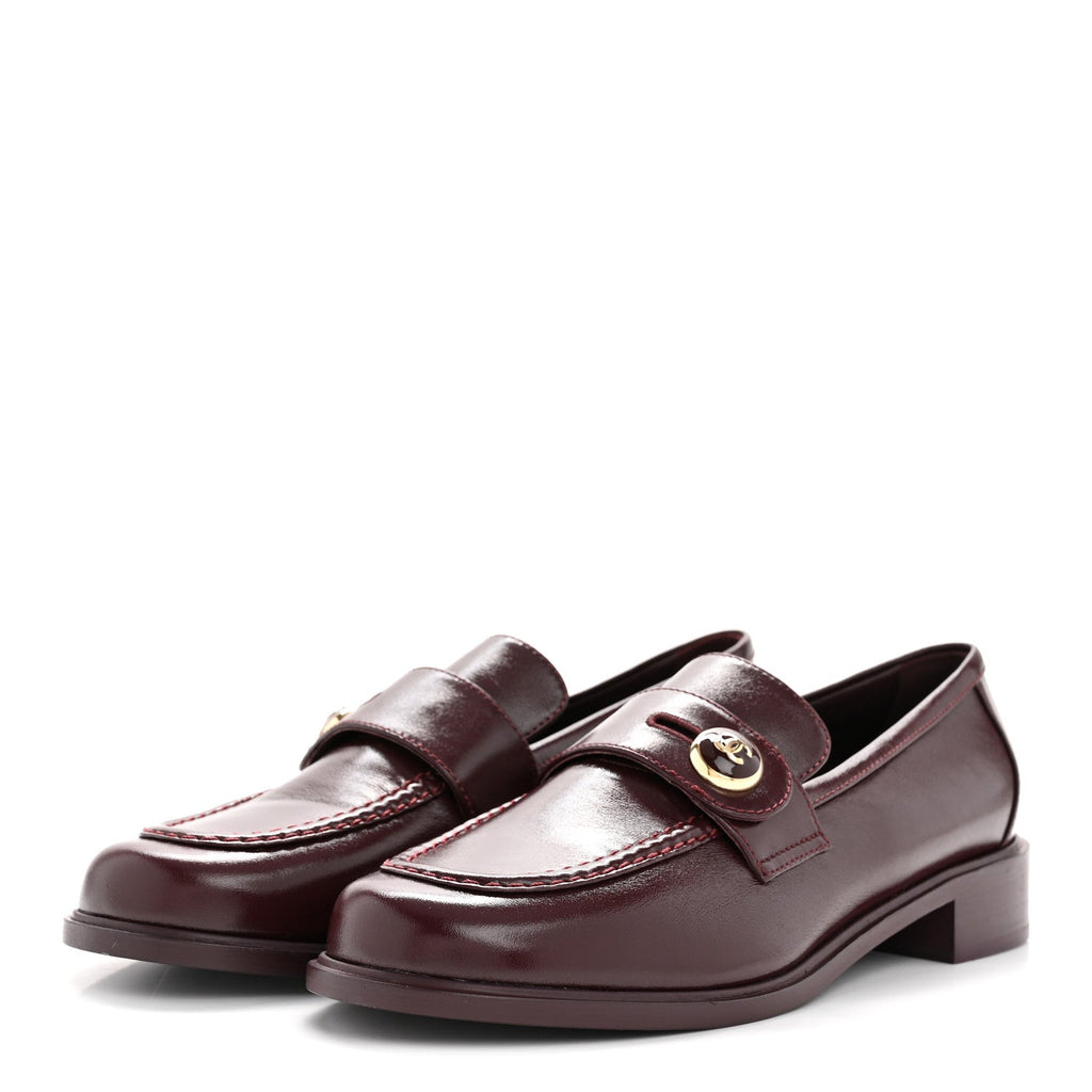 Shiny Calfskin CC Mocassin Loafers 39 Burgundy