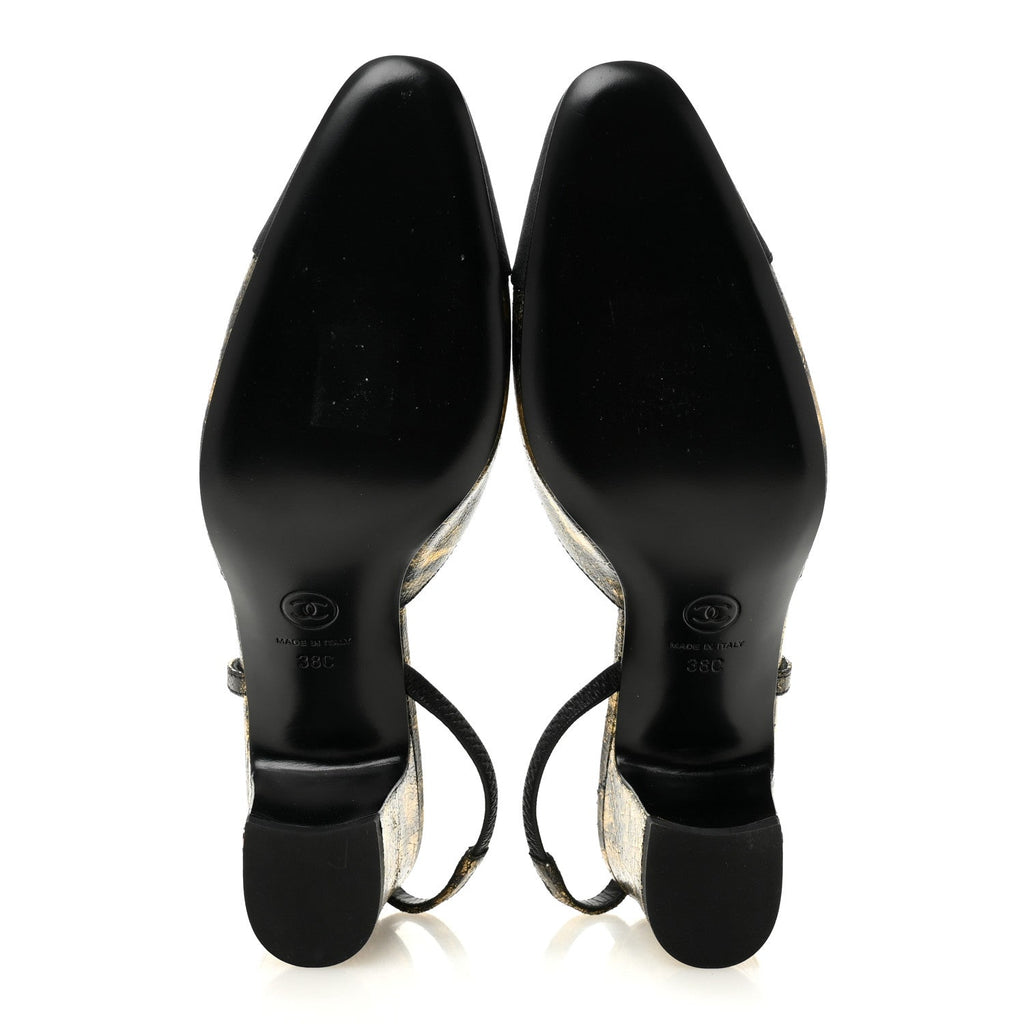 Laminated Lambskin Grosgrain Cap Toe CC Slingback Pumps 38 Gold Black