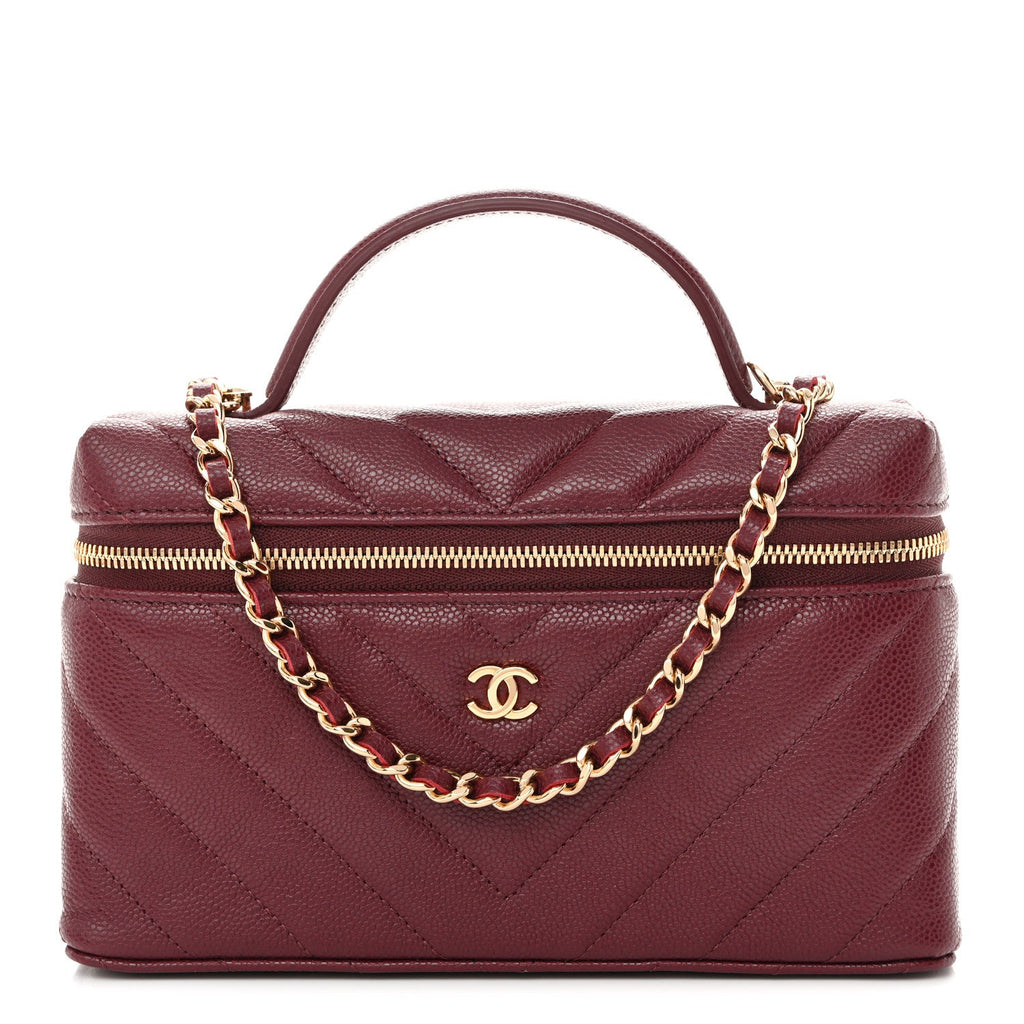 Caviar Chevron Quilted Top Handle Slim Vanity With Chain Burgundy