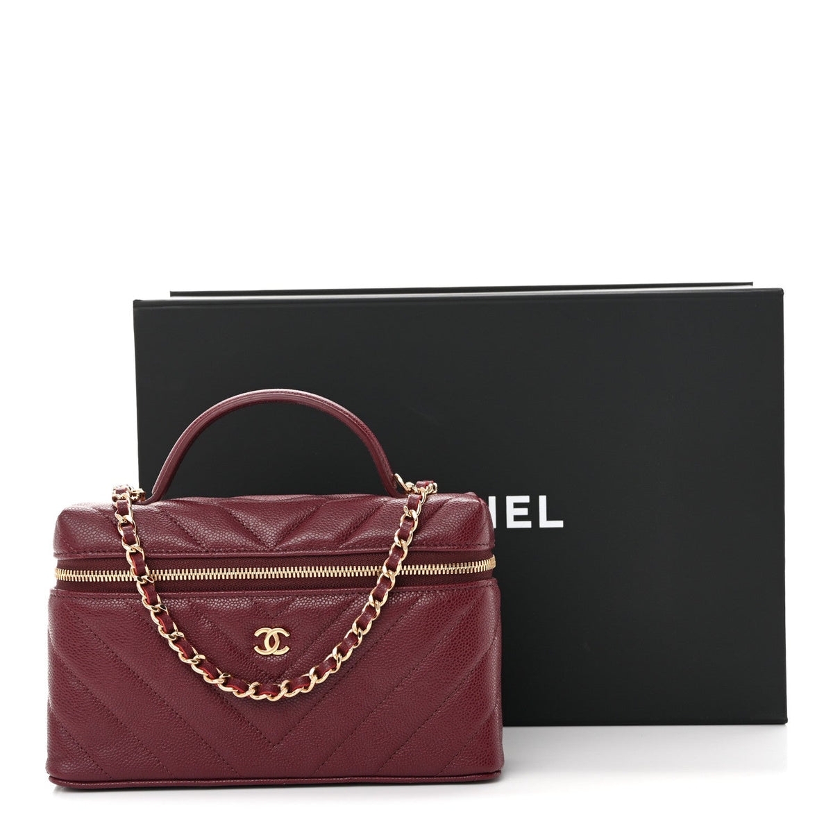 Caviar Chevron Quilted Top Handle Slim Vanity With Chain Burgundy