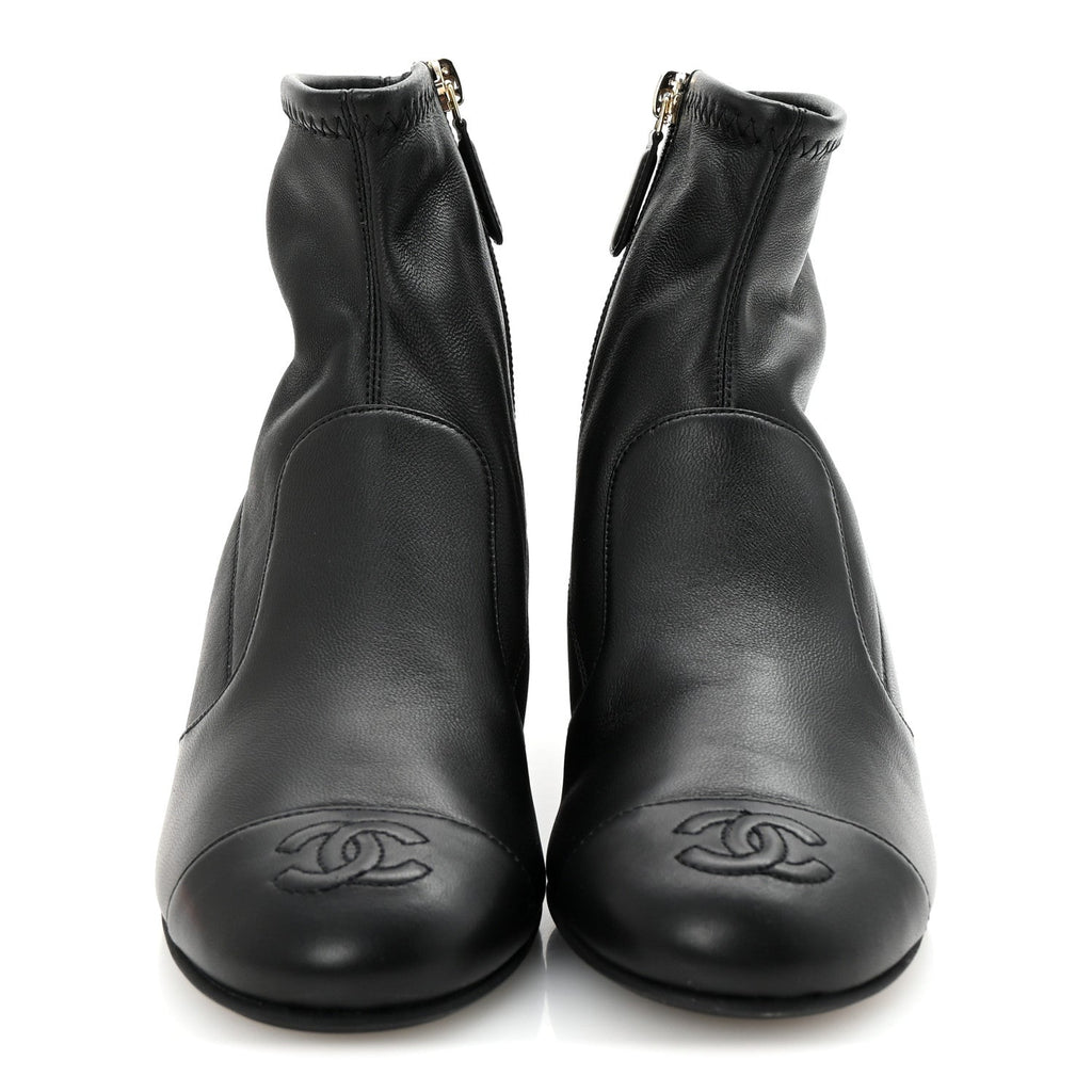 Stretch Lambskin Cap Toe CC Short Boots 35 Black