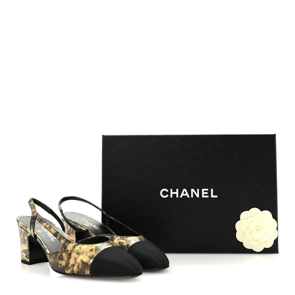 Laminated Lambskin Grosgrain Cap Toe CC Slingback Pumps 38 Gold Black