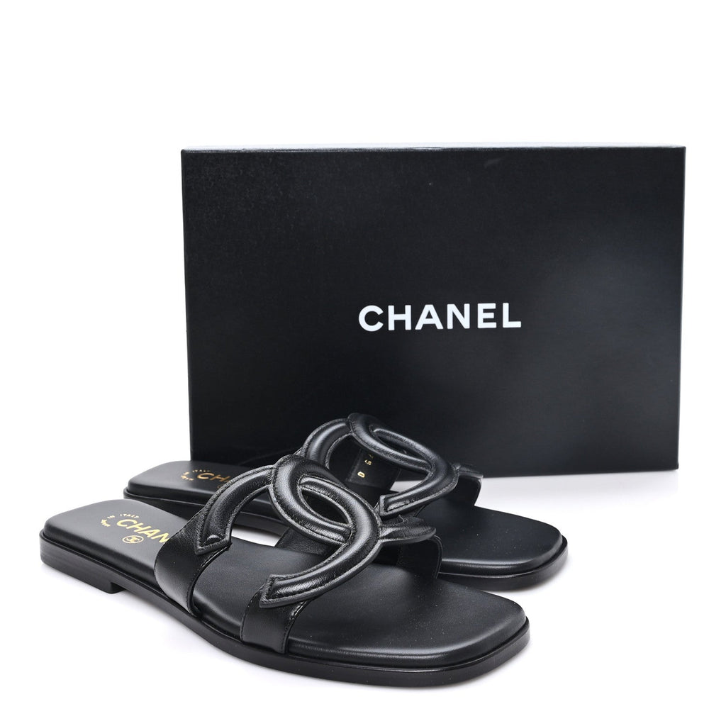 Lambskin CC Cut Out Mules Sandals 39 Black