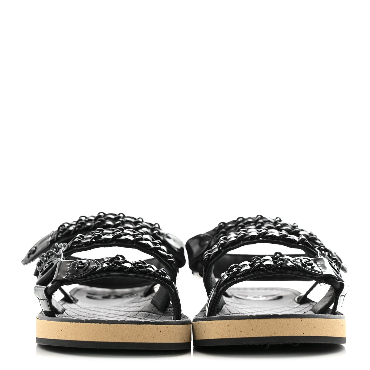 Laminated Goatskin Chain Sandals 35 Black