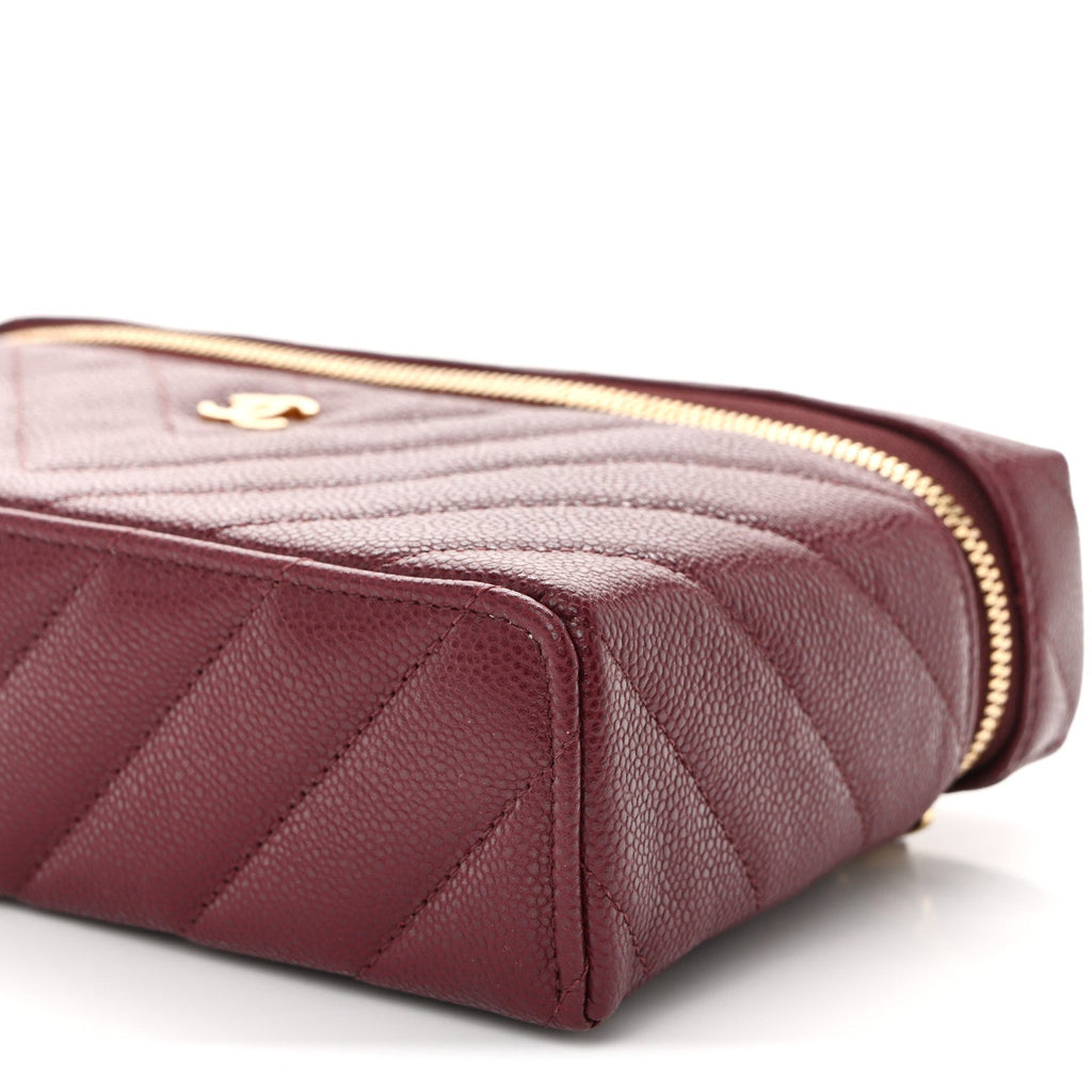 Caviar Chevron Quilted Top Handle Slim Vanity With Chain Burgundy